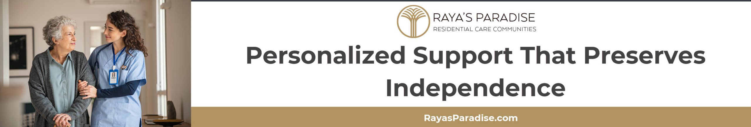 Caregiver assisting a senior in a comfortable assisted living home with warm decor and natural light.