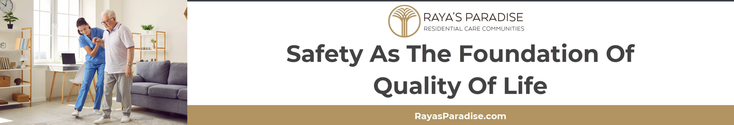 Senior walking confidently with support in a safe and well-lit residential care home.