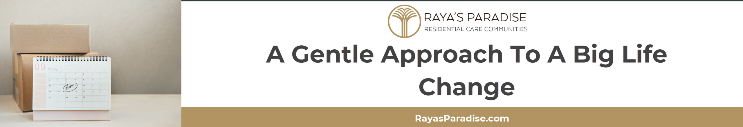 Calendar and labeled boxes on a table representing an organized and unhurried downsizing plan.