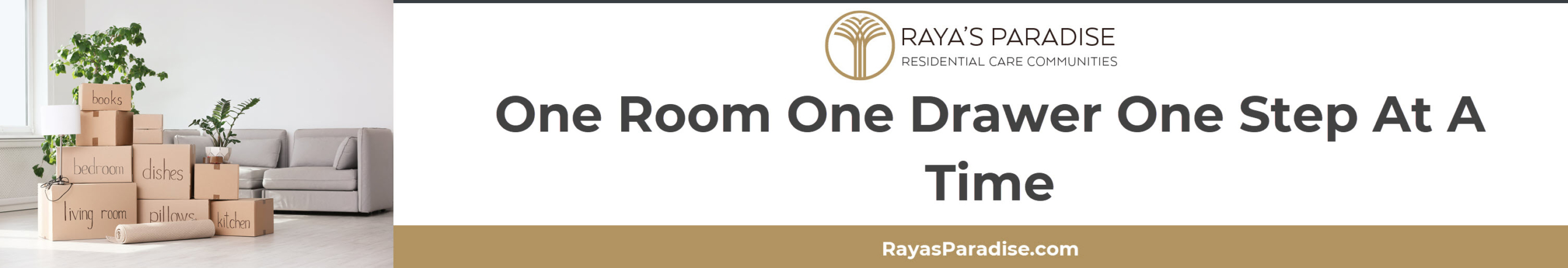 Labeled boxes organized by category in a bedroom during a calm downsizing process.