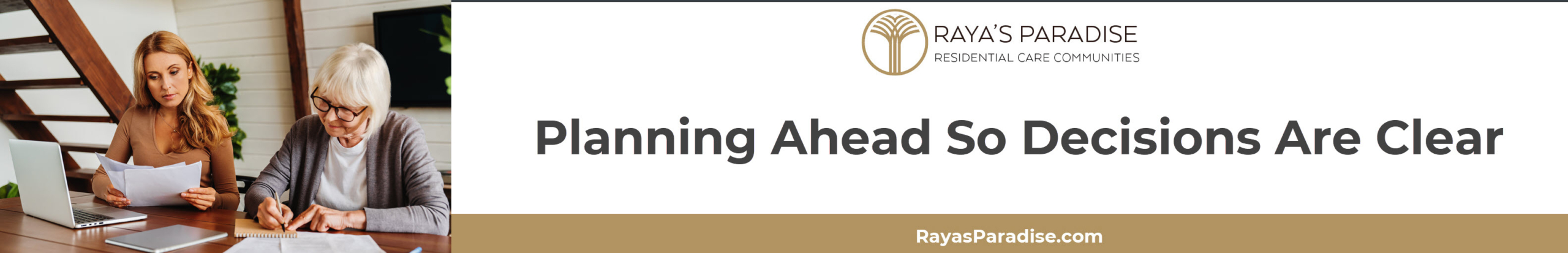 Adult child and older parent reviewing documents together at a kitchen table in a calm home setting.