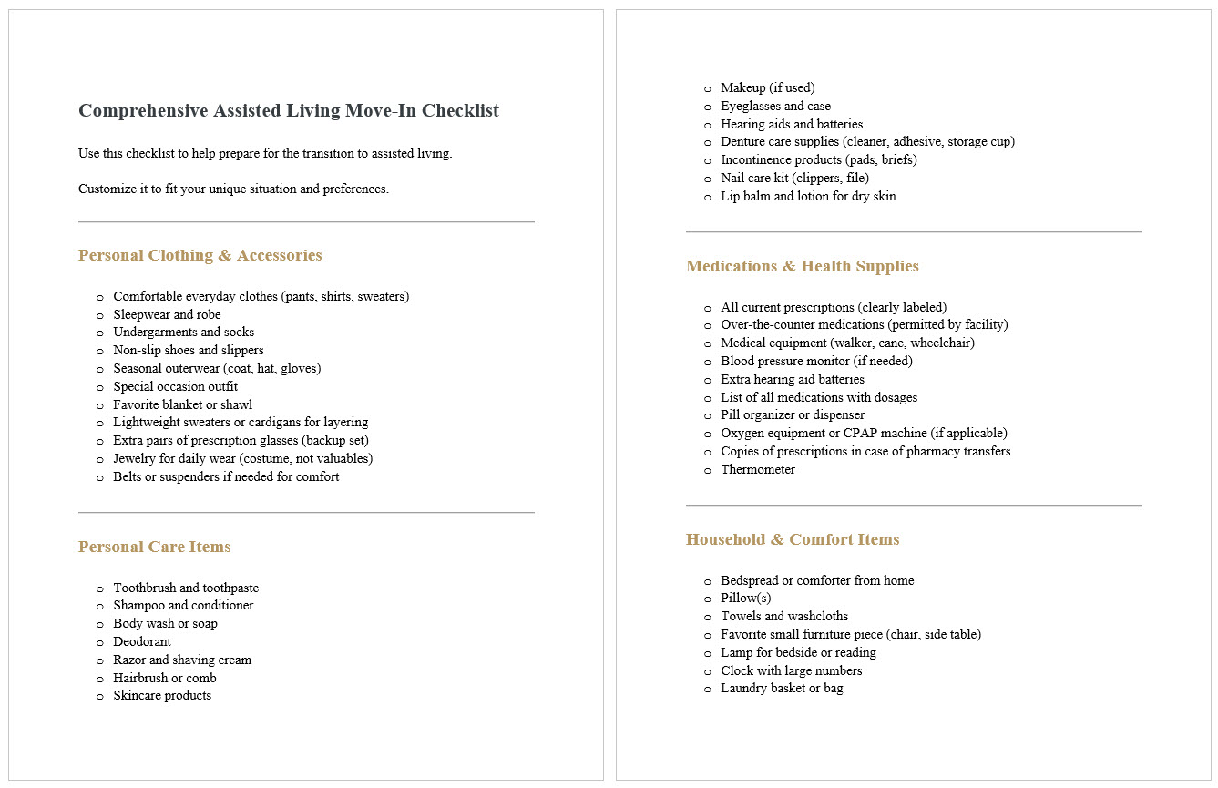 Assisted Living Move-In Checklist PDF Word