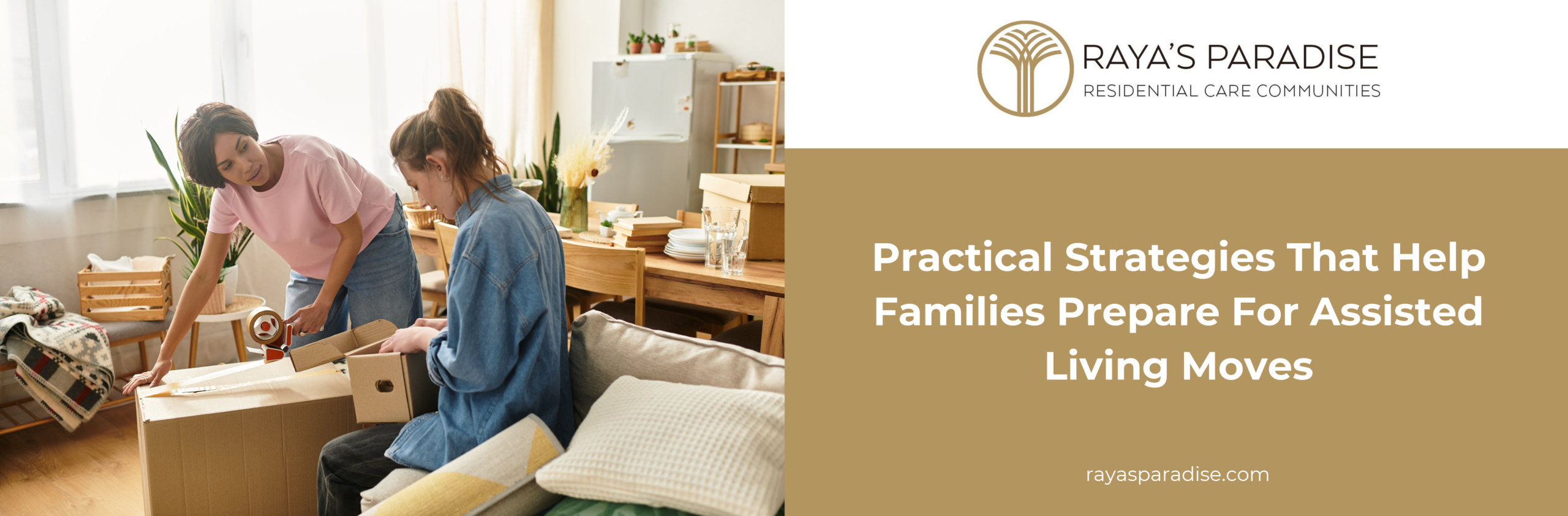 A family works together packing boxes, sorting belongings, and labeling items in preparation for an assisted living move.
