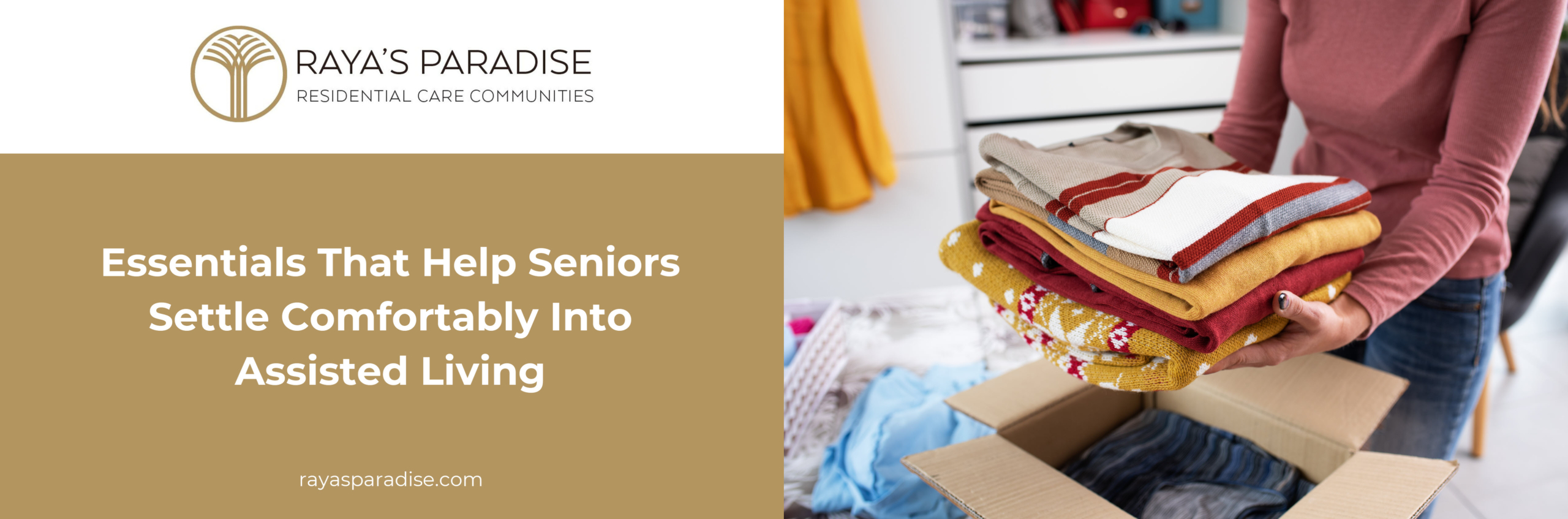 A family sorts clothing and personal items into labeled boxes while preparing a senior’s belongings for an assisted living move.