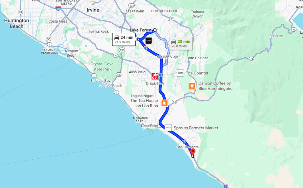 Directions from Lake Forest to Raya's Paradise