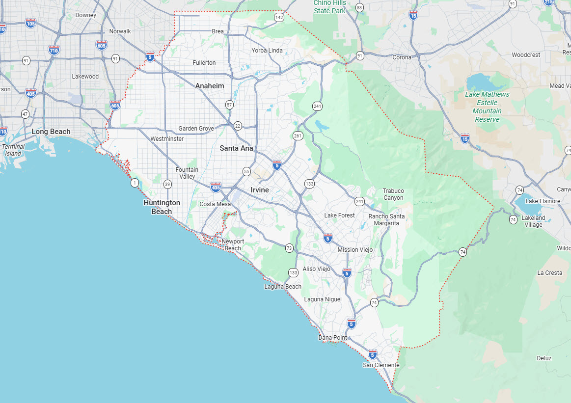 A regional senior care service area map representing families served across Orange County