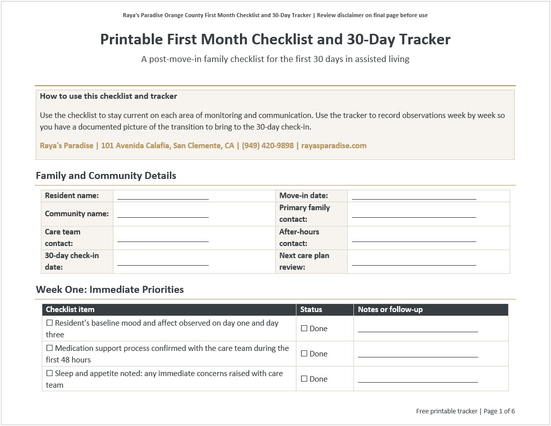Orange County First Month in Assisted Living Checklist + Tracker