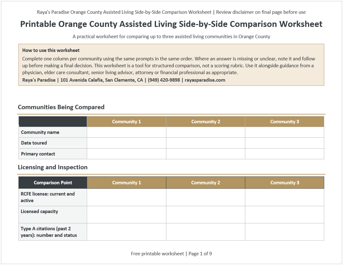 Orange County Assisted Living Comparison Worksheet How to Compare Assisted Living Communities in Orange County - A Family Checklist