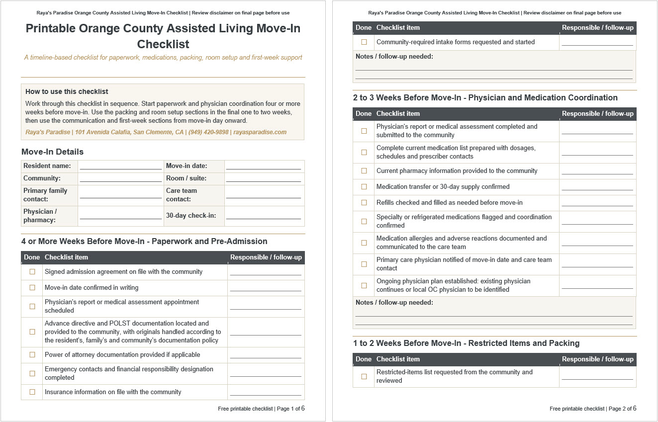 Orange County Assisted Living Move-In Checklist - What to Pack, Prepare and Expect