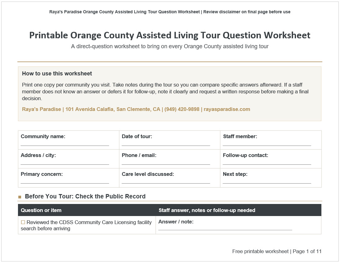 Orange County Assisted Living Tour Question Worksheet Questions to Ask Assisted Living Facilities in Orange County Before You Choose