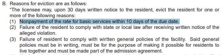 Explains that nonpayment within 10 days of the due date is a listed eviction reason in California assisted living.