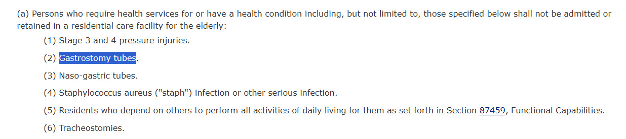 Discharge Prohibited Conditions Covers prohibited health conditions that block admission to California assisted living, such as feeding tubes.