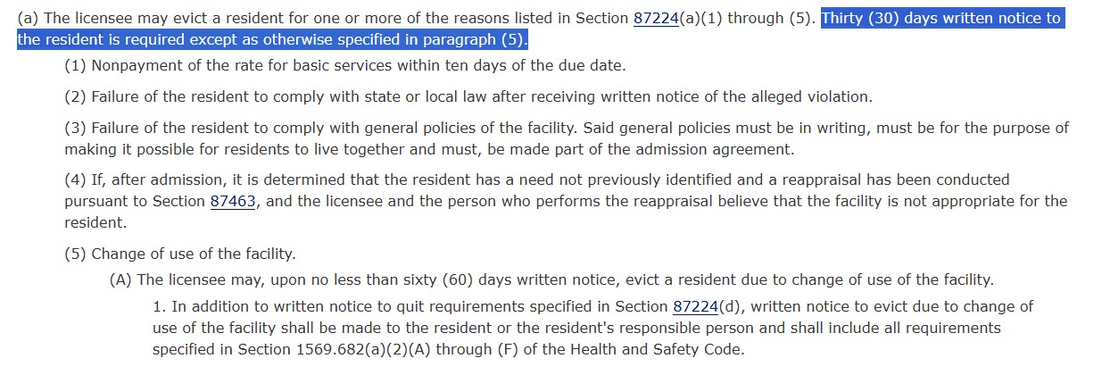 Covers the 30-day written notice California assisted living must give before an eviction for nonpayment.