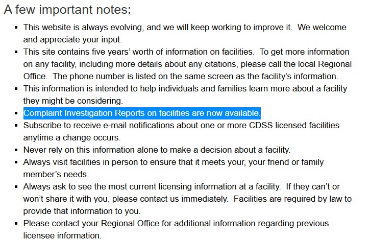 Covers how to read past complaint investigation reports for California assisted living through the state facility search.