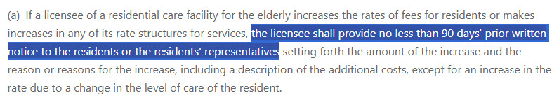 What the Statute Requires Today Explains California's 90-day written notice rule for assisted living rate increases and who must receive the notice.